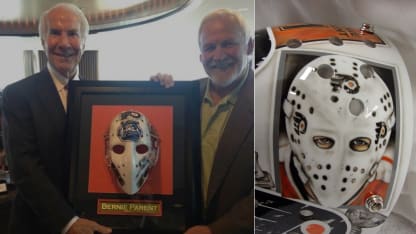 Ed Snider presented mask by Bernie Parent Maskup closeup
