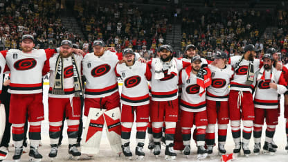 The Carolina Hurricanes celebrate victory over the Vegas Golden Knights in Game Six of the 2026 NHL Stanley Cup Final at T-Mobile Arena on June 14, 2026 in Las Vegas, Nevada. (Photo by Bruce Bennett/Getty Images)