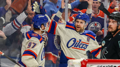 Edmonton Oilers Center Leon Draisaitl (29) celebrates a power play goal with Edmonton Oilers Center Connor McDavid (97) in the first period of the Edmonton Oilers game versus the Seattle Kraken on December 04, 2025 at Rogers Place in Edmonton, AB. (Photo by Curtis Comeau/Icon Sportswire via Getty Images)