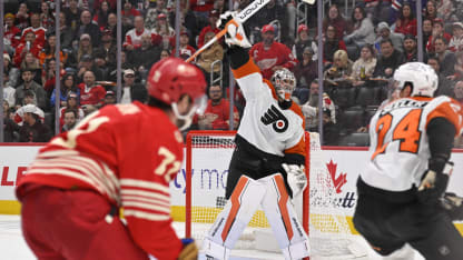 DETROIT, MI - MARCH 28: Philadelphia Flyers Goalie Dan Vladar (80) signals to his team during the game between Philadelphia Flyers and Detroit Red Wings on March 28, 2026 at Little Caesars Arena in Detroit, MI (Photo by Allan Dranberg/Icon Sportswire via Getty Images)