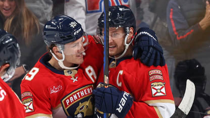 Aleksander Barkov #16 celebrates his first period goal with Matthew Tkachuk #19 of the Florida Panthers against the Colorado Avalanche at the Amerant Bank Arena on November 23, 2024 in Sunrise, Florida. (Photo by Joel Auerbach/Getty Images)