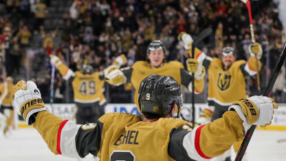 Jack Eichel #9 of the Vegas Golden Knights celebrates after scoring a goal against the Toronto Maple Leafs in overtime to win their game 6-5 at T-Mobile Arena on January 15, 2026 in Las Vegas, Nevada. (Photo by Ethan Miller/Getty Images)