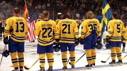 Mats Sundin #13, Per-Johan Axelsson #22, Peter Forsberg #21, Daniel Tjarnqvist #36 and Nicklas Lidstrom #5 of Team Sweden stand for the National Anthem before the game against Team Germany during the World Cup of Hockey on August 31, 2004 at Globe Arena in Stockholm, Sweden. Sweden won 5-2. (Photo by Brian Bahr/Getty Images)