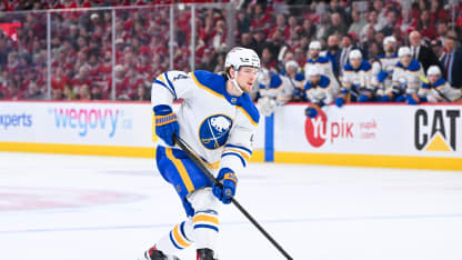 Bowen Byram #4 of the Buffalo Sabres handles the puck during the third period against the Montréal Canadiens in Game Three of the Second Round of the 2026 Stanley Cup Playoffs at the Bell Centre on May 10, 2026 in Montreal, Quebec, Canada. (Photo by Minas Panagiotakis/Getty Images)