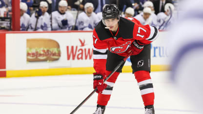 New Jersey Devils defenseman Simon Nemec (17) looks on during a game between the Toronto Maple Leafs and New Jersey Devils on October 10, 2024 at Prudential Center in Newark, New Jersey. (Photo by Andrew Mordzynski/Icon Sportswire via Getty Images)