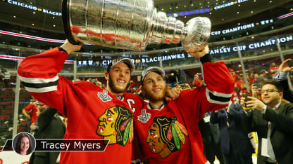 Toews with Kane lifting Cup with Myers badge