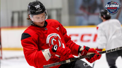 Erik Haula #56 of the New Jersey Devils celebrates a goal during practice prior to the 2024 NHL Global Series Challenge on September 30, 2024 in Prague