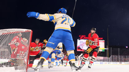 Jordan Kyrou #25 of the St. Louis Blues celebrates after scoring a goal during the first period of against the Chicago Blackhawks in the 2024 NHL Winter Classic at Wrigley Field on December 31, 2024 in Chicago, Illinois. (Photo by Michael Reaves/Getty Images)