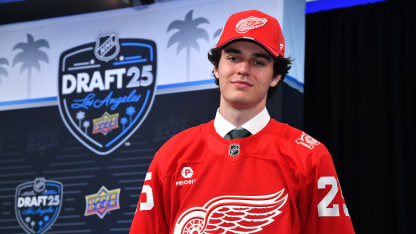 Michal Pradel poses for a picture after being selected 75th overall by the Detroit Red Wings during Rounds 2-7 of the 2025 NHL Draft at Peacock Theater on June 28, 2025 in Los Angeles, California. (Photo by Juan Ocampo/NHLI via Getty Images)