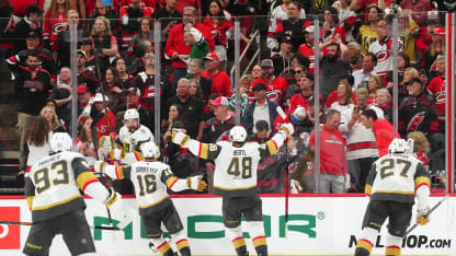 Mark Stone #61 of the Vegas Golden Knights celebrates his goal with teammates during the third period of Game Two of the Stanley Cup Final between the Vegas Golden Knights and the Carolina Hurricanes at Lenovo Center on June 04, 2026 in Raleigh, North Carolina. (Photo by Brian Babineau/NHLI via Getty Images)