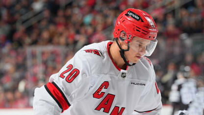 Sebastian Aho #20 of the Carolina Hurricanes skates in the second period of the game against the New Jersey Devils at the Prudential Center on December 27, 2024 in Newark, New Jersey. (Photo by Rich Graessle/NHLI via Getty Images)