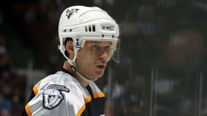 Paul Kariya #9 of the Nashville Predators pauses during third period NHL action against the Anaheim Mighty Ducks at the Arrowhead Pond November 1, 2005 in Anaheim, California. (Photo by Harry How/Getty Images)