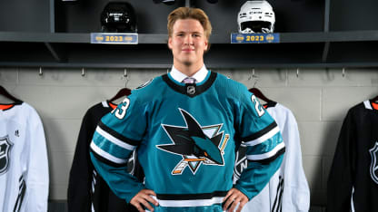 Kasper Halttunen poses for a portrait after being selected 36th overall by the San Jose Sharks during the 2023 Upper Deck NHL Draft at Bridgestone Arena on June 29, 2023 in Nashville, Tennessee. (Photo by Brian Babineau/NHLI via Getty Images)