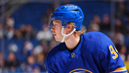 Konsta Helenius #94 of the Buffalo Sabres skates in warmups before an NHL game on January 17, 2026 at KeyBank Center in Buffalo, New York. (Photo by Ben Ludeman/NHLI via Getty Images)