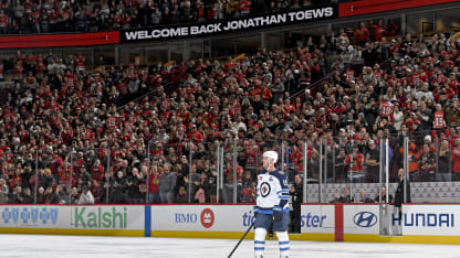 Jonathan Toews #19 of the Winnipeg Jets is honored in the first period against the Chicago Blackhawks at the United Center on January 19, 2026 in Chicago, Illinois. (Photo by Bill Smith/NHLI via Getty Images)