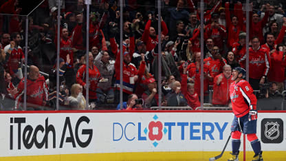 Alex Ovechkin #8 of the Washington Capitals celebrates after scoring a goal against the Calgary Flames during the third period at Capital One Arena on February 25, 2025 in Washington, DC. The goal was Ovechkin's 883rd career NHL goal. (Photo by Patrick Smith/Getty Images)