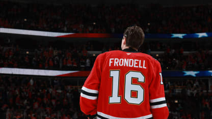 CHICAGO, ILLINOIS - MARCH 31: Anton Frondell #16 of the Chicago Blackhawks stands for the national anthem prior to the game against the Winnipeg Jets at the United Center on March 31, 2026 in Chicago, Illinois. (Photo by Chase Agnello-Dean/NHLI via Getty Images)