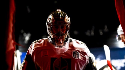 Carter Hart #79 of the Vegas Golden Knights waits to take on the Carolina Hurricanes prior to the warmups in Game Two of the 2026 Stanley Cup Final at Lenovo Center on June 04, 2026 in Raleigh, North Carolina. (Photo by Jaylynn Nash/Getty Images)