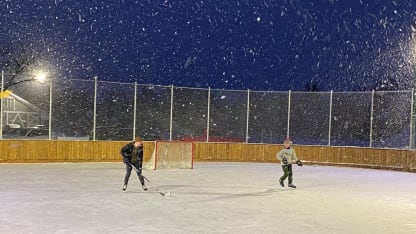 The view from the outdoor rink in snowy Winnipeg.