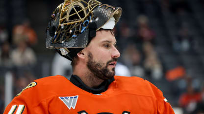 Petr Mrazek #34 of the Anaheim Ducks looks on during warm ups prior to the game against the San Jose Sharks at Honda Center on December 29, 2025 in Anaheim, California. (Photo by Debora Robinson/NHLI via Getty Images)