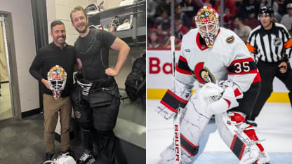 Linus Ullmark blinkar mot Patrick Lalime med sin nya målvaktsmask för Senators