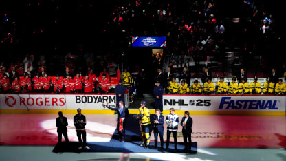 Mario Lemieux waves to the arena fans banner before exchanging banners with Team Sweden prior the 4 Nations Face-Off game between Canada and Sweden at Bell Centre on February 12, 2025 in Montreal, Quebec. (Photo by Andrea Cardin/4NFO/World Cup of Hockey via Getty Images)