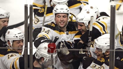 P.J. Axelsson #11 of the Boston Bruins (C) is mobbed by his teammates after scoring the game winning goal against the Chicago Blackhawks during the shootout at the United Center on November 12, 2008 in Chicago, Illinois. The Bruins won 2-1 in a shootout. (Photo by Brian Kersey/Getty Images)