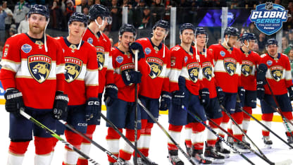 The Florida Panthers stand on the ice after the 2024 NHL Global Series Finland game between the Dallas Stars and the Florida Panthers at Nokia Arena on November 02, 2024 in Tampere, Finland. The Panthers won 4-2 to sweep the series. (Photo by Eliot J. Schechter/NHLI via Getty Images)