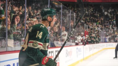 Joel Eriksson Ek #14 of the Minnesota Wild celebrates after scoring the game winning goal against the Ottawa Senators during the game at Grand Casino Arena on December 13, 2025 in Saint Paul, Minnesota. (Photo by Bruce Kluckhohn/NHLI via Getty Images)