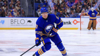 Henri Jokiharju #10 of the Buffalo Sabres shoots the puck against the Florida Panthers during an NHL game on October 12, 2024 at KeyBank Center in Buffalo, New York. (Photo by Bill Wippert/NHLI via Getty Images)