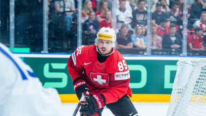 Sven Andrighetto #85 of Switzerland in action during the 2024 IIHF Ice Hockey World Championship Czechia preliminary round match between Switzerland and Great Britain at Prague Arena on May 15, 2024 in Prague, Czech Republic. (Photo by RvS.Media/Monika Majer/Getty Images)