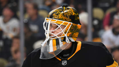 Joel Blomqvist #30 of the Pittsburgh Penguins looks on against the Buffalo Sabres at PPG PAINTS Arena on October 16, 2024 in Pittsburgh, Pennsylvania. (Photo by Joe Sargent/NHLI via Getty Images)