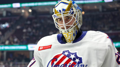 Rochester Americans goaltender Devon Levi (27) on the ice during the second period of the American Hockey League game between the Rochester Americans and Cleveland Monsters on February 11, 2025, at Rocket Mortgage FieldHouse in Cleveland, OH. (Photo by Frank Jansky/Icon Sportswire via Getty Images)