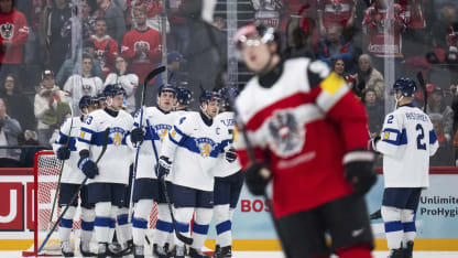 250509 Mikko Lehtonen of Finland celebrates with team mates after the 2025 IIHF Ice Hockey World Championship group stage game between Austria and Finland on May 9, 2025 in Stockholm. Photo: Joel Marklund / BILDBYRÅN / kod JM / JM0674 bbeng ishockey ice hockey ishockey-vm 2025 vm 2025 iihf world championship Österrike austria finland gruppspel jubel (Photo by JOEL MARKLUND/Bildbyran/Sipa USA)(Sipa via AP Images)