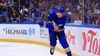 Rasmus Dahlin #26 of the Buffalo Sabres fires a pass against the Florida Panthers during an NHL game on October 12, 2024 at KeyBank Center in Buffalo, New York.