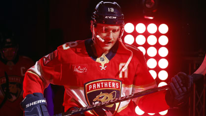 Matthew Tkachuk #19 of the Florida Panthers heads out to the ice with teammates for introductions prior to the start of their game against the Ottawa Senators at the Amerant Bank Arena on February 8, 2025 in Sunrise, Florida. (Photo by Eliot J. Schechter/NHLI via Getty Images)