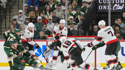 Ottawa Senators forward Tim Stutzle (18) shoots the puck as Minnesota Wild forward Nico Sturm (78) tries to block it during the second period of a NHL game between the Minnesota Wild and Ottawa Senators on December 13, 2025, at Grand Casino Arena in Saint Paul, MN. (Photo by Nick Wosika/Icon Sportswire via Getty Images)