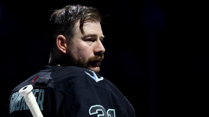 Philipp Grubauer #31 of the Seattle Kraken stands for the national anthem before the game against the Anaheim Ducks at Climate Pledge Arena on January 23, 2026 in Seattle, Washington. (Photo by Steph Chambers/Getty Images)