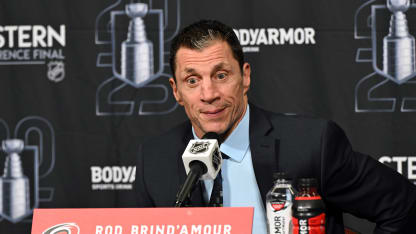 Carolina Hurricanes head coach Rod Brind'Amour participates in a press conference after game two of the Eastern Conference Final of the NHL Stanley Cup Playoffs between the Florida Panthers and the Carolina Hurricanes on May 22, 2025 at Lenovo Center in Raleigh, North Carolina. (Photo by Katherine Gawlik/Icon Sportswire via Getty Images)