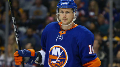 Tom Kuhnhackl #14 of the New York Islanders skates against the Boston Bruins at Barclays Center on January 11, 2020 in New York City. Boston Bruins defeated the Boston Bruins 3-2 in OT. (Photo by Mike Stobe/NHLI via Getty Images)