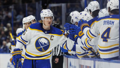 Rasmus Dahlin #26 of the Buffalo Sabres celebrates a goal against the Tampa Bay Lightning at Amalie Arena on March 6, 2025 in Tampa, Florida. (Photo by Mark LoMoglio/NHLI via Getty Images)
