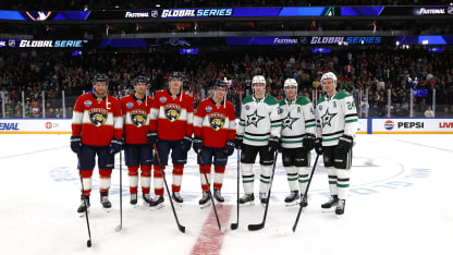 Finnish players Aleksander Barkov #16, Eetu Luostarinen #27, Niko Mikkola #77, and Anton Lundell #15 of the Florida Panthers pose with Esa Lindell #23, Miro Heiskanen #4, Roope Hintz #24 of the Dallas Stars after the 2024 NHL Global Series Finland game between the Dallas Stars and the Florida Panthers at Nokia Arena on November 02, 2024 in Tampere, Finland. The Panthers won 4-2 to sweep the series. (Photo by Eliot J. Schechter/NHLI via Getty Images)