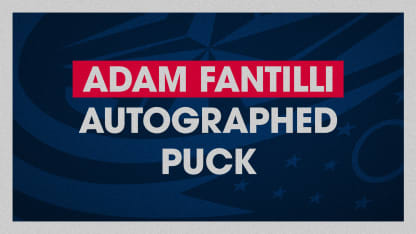 Blue graphic with grey border. Large grey text reads Adam Fantilli Autographed Puck.