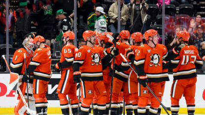 Anaheim Ducks celebrate their victory against the Dallas Stars at Honda Center on January 13, 2026 in Anaheim, California. (Photo by Debora Robinson/NHLI via Getty Images)