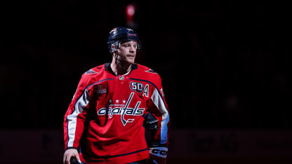 John Carlson #74 of the Washington Capitals looks on after Game Two of the Second Round of the 2025 Stanley Cup Playoffs against the Carolina Hurricanes at Capital One Arena on May 8, 2025 in Washington, DC. (Photo by Scott Taetsch/Getty Images)