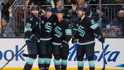 Jaden Schwartz #17 of the Seattle Kraken celebrates with teammates after scoring a goal during the second period of a game against the San Jose Sharks at Climate Pledge Arena on November 30, 2024 in Seattle, Washington. (Photo by Christopher Mast/NHLI via Getty Images)