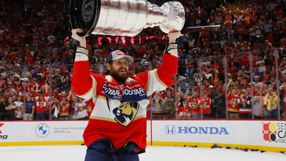 Oliver Ekman-Larsson #91 of the Florida Panthers celebrates with the Stanley Cup following a 2-1 victory over the Edmonton Oilers in Game Seven of the 2024 NHL Stanley Cup Final at Amerant Bank Arena on June 24, 2024 in Sunrise, Florida. (Photo by Bruce Bennett/Getty Images)