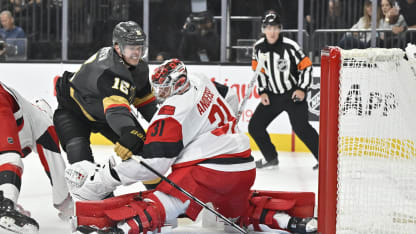 Pavel Dorofeyev #16 of the Vegas Golden Knights scores a goal against Frederik Andersen #31 of the Carolina Hurricanes during the first period at T-Mobile Arena on October 20, 2025 in Las Vegas, Nevada. (Photo by David Becker/NHLI via Getty Images)