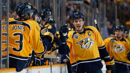 NASHVILLE, TN - NOVEMBER 12: Shea Weber #6 of the Nashville Predators celebrates his goal against the Toronto Maple Leafs as he skates in his 700th career NHL game on November 12, 2015 at Bridgestone Arena in Nashville, Tennessee. (Photo by John Russell/NHLI via Getty Images)