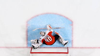 Dan Vladar #80 of the Philadelphia Flyers tends goal against the Carolina Hurricanes in Game Four of the Second Round of the 2026 Stanley Cup Playoffs at the Xfinity Mobile Arena on May 9, 2026 in Philadelphia, Pennsylvania. (Photo by Len Redkoles/NHLI via Getty Images)